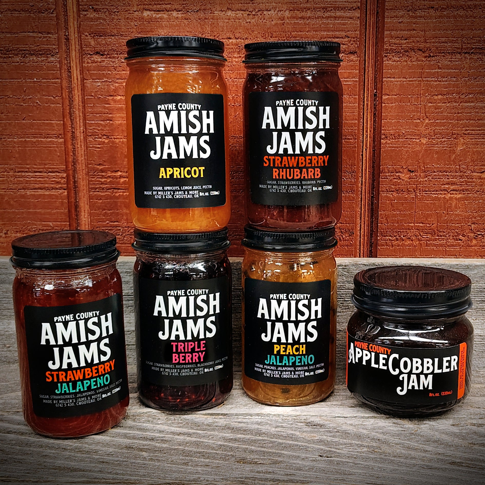 Payne County 6-Jam Bundle Gift Set with Payne County Apricot Amish Jam, Payne County Strawberry Rhubarb Amish Jam, Payne County Strawberry Jalapeno Amish Jam, Payne County Triple Berry Amish Jam, Payne County Peach Jalapeno Amish Jam and Payne County Apple Cobbler Jam - Big Rock Foods