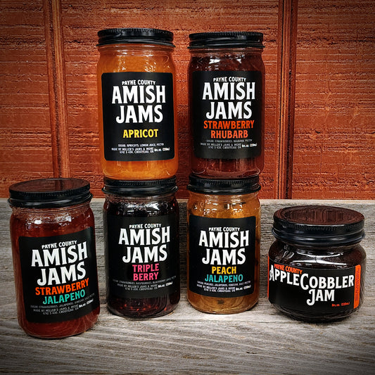 Payne County 6-Jam Bundle Gift Set with Payne County Apricot Amish Jam, Payne County Strawberry Rhubarb Amish Jam, Payne County Strawberry Jalapeno Amish Jam, Payne County Triple Berry Amish Jam, Payne County Peach Jalapeno Amish Jam and Payne County Apple Cobbler Jam - Big Rock Foods