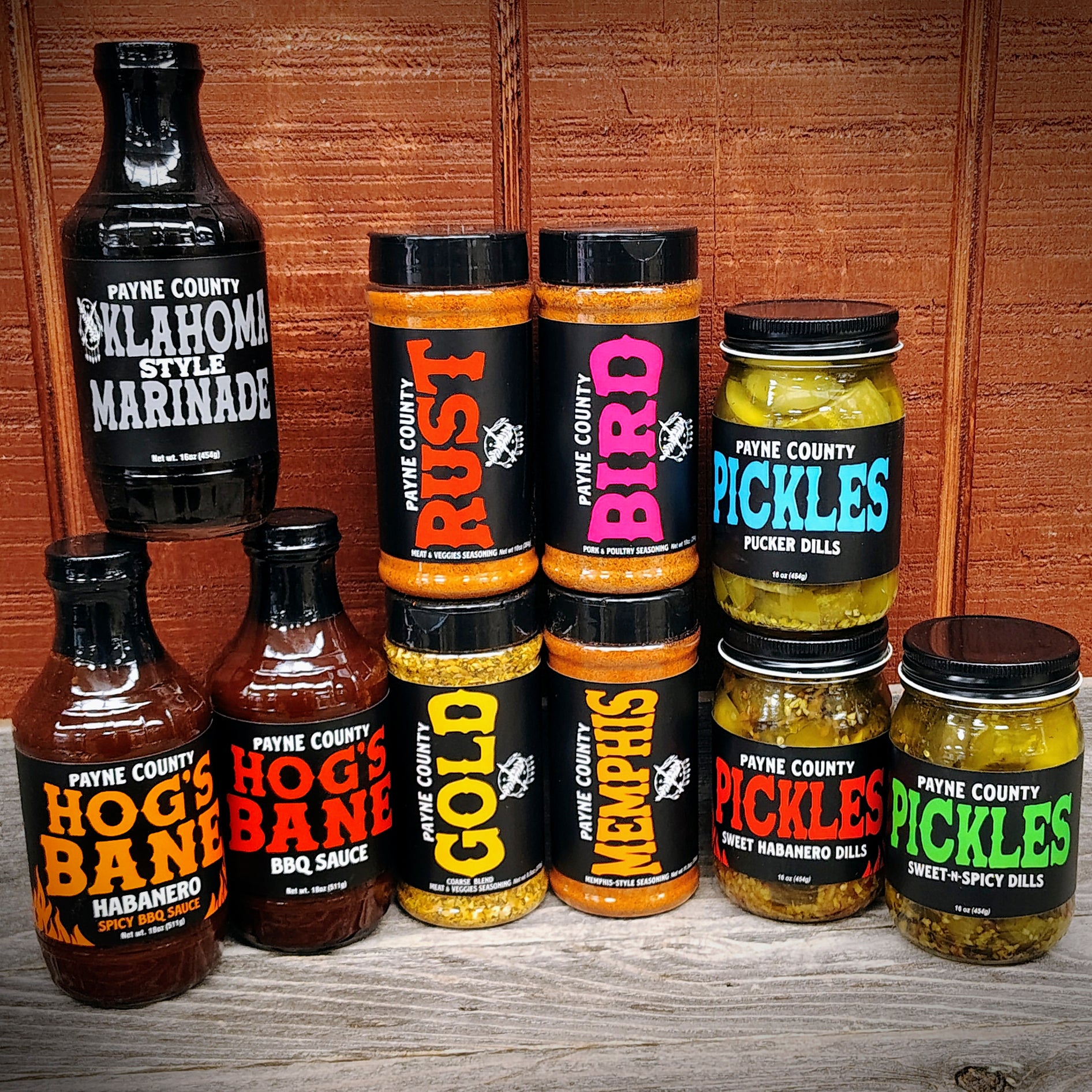 Payne County Big BBQ Bundle Gift Set with Payne County Rust, Payne County Gold, Payne County Bird, Payne County Memphis, Payne County Oklahoma-Style Marinade, Payne County Hog's Bane BBQ Sauce, Payne County Hog's Bane Habanero BBQ Sauce, Payne County Sweet-n-Spicy Dills Pickles, Payne County Sweet Habanero Dills Pickles, Payne County Pucker Dills Pickles - Big Rock Foods