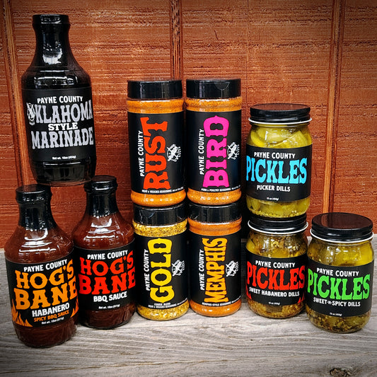 Payne County Big BBQ Bundle Gift Set with Payne County Rust, Payne County Gold, Payne County Bird, Payne County Memphis, Payne County Oklahoma-Style Marinade, Payne County Hog's Bane BBQ Sauce, Payne County Hog's Bane Habanero BBQ Sauce, Payne County Sweet-n-Spicy Dills Pickles, Payne County Sweet Habanero Dills Pickles, Payne County Pucker Dills Pickles - Big Rock Foods