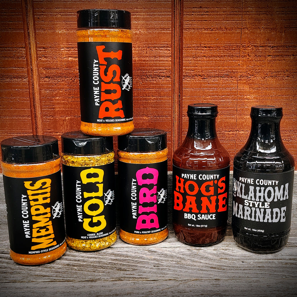 Payne County Cookout Bundle Gift Set with Payne County Rust, Payne County Gold, Payne County Memphis, Payne County Bird, Payne County Hog's Bane BBQ Sauce, Payne County Oklahoma-Style Marinade - Big Rock Foods