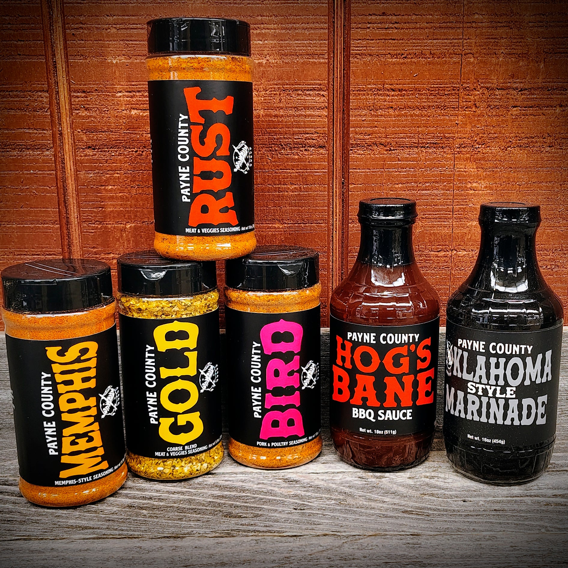 Payne County Cookout Bundle Gift Set with Payne County Rust, Payne County Gold, Payne County Memphis, Payne County Bird, Payne County Hog's Bane BBQ Sauce, Payne County Oklahoma-Style Marinade - Big Rock Foods