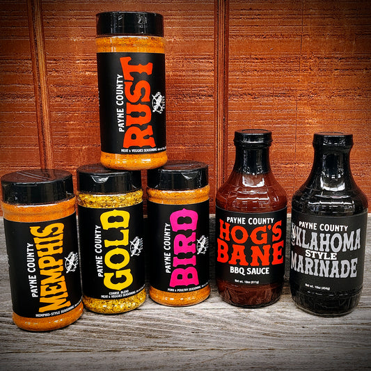 Payne County Cookout Bundle Gift Set with Payne County Rust, Payne County Gold, Payne County Memphis, Payne County Bird, Payne County Hog's Bane BBQ Sauce, Payne County Oklahoma-Style Marinade - Big Rock Foods