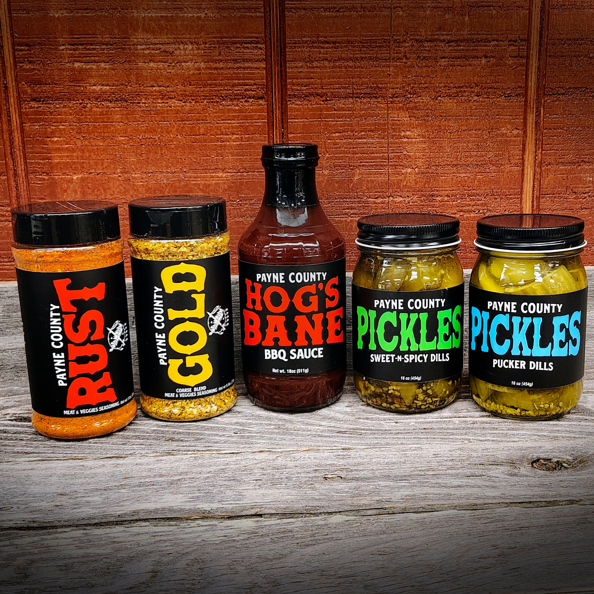 Payne County Griller’s Gift Set with Payne County Rust, Payne County Gold, Payne County Hog's Bane BBQ Sauce, Payne County Sweet-n-Spicy Pickles, Payne County Pucker Dill Pickles - Big Rock Foods