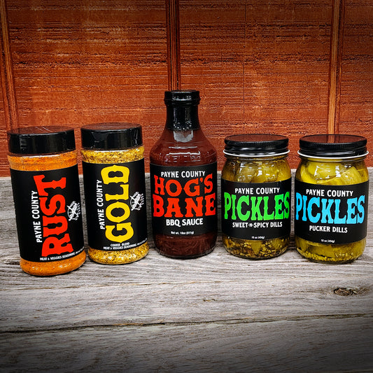 Payne County Griller’s Gift Set with Payne County Rust, Payne County Gold, Payne County Hog's Bane BBQ Sauce, Payne County Sweet-n-Spicy Pickles, Payne County Pucker Dill Pickles - Big Rock Foods