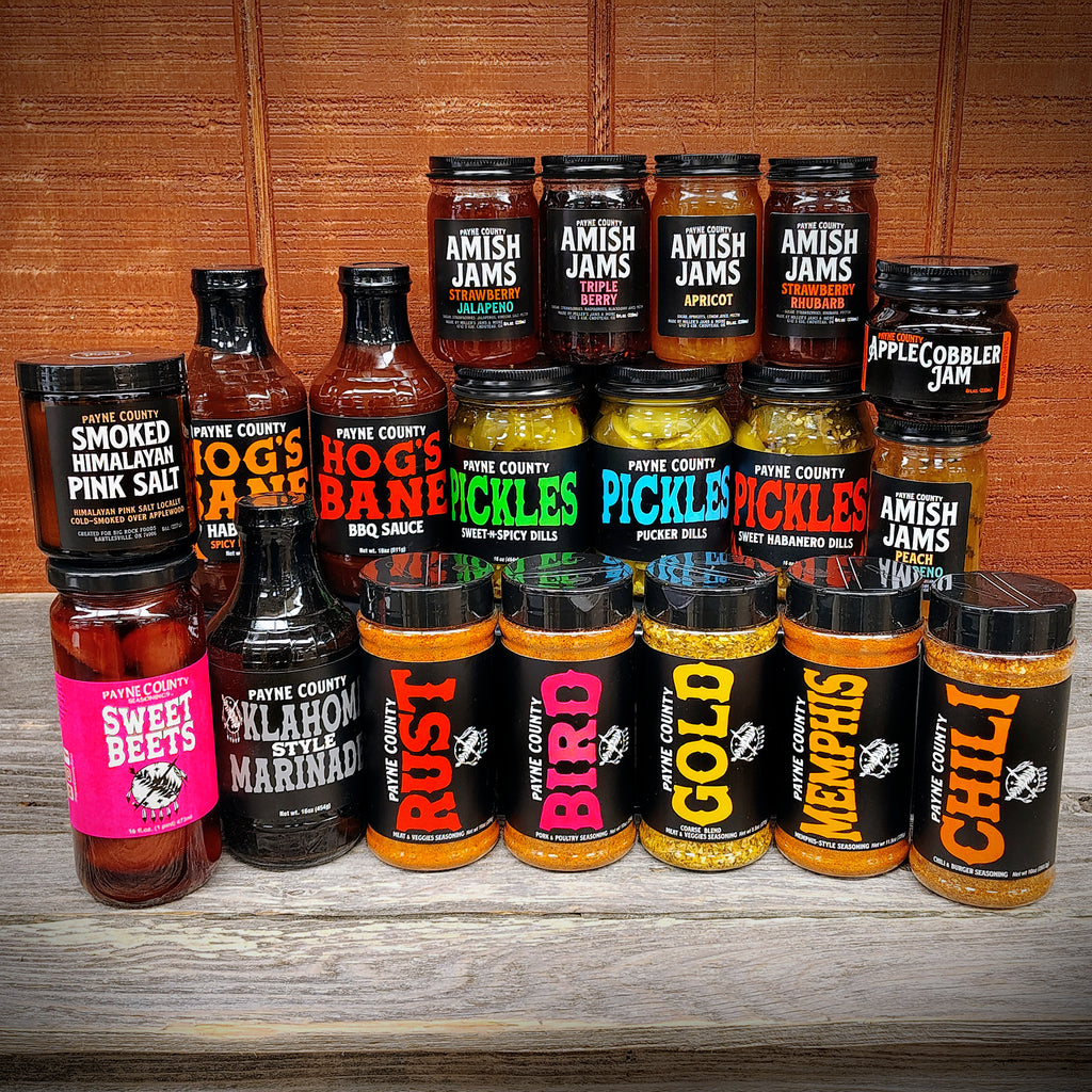 Bundle of Payne County Rust, Payne County Gold, Payne County Bird, Payne County Memphis, Payne County Chili, Payne County Hog's Bane BBQ Sauce, Payne County Hog's Bane Habanero BBQ Sauce, Payne County Oklahoma Style Marinade, Payne County Sweet Beets, Payne County Himalayan Smoked Salt, Payne County Amish Jams, Payne County Apple Cobbler Jam, and Payne County Pickles - Big Rock Foods